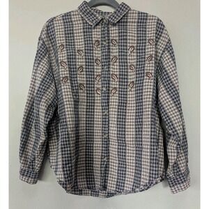 Cabin Creek 2X Plus Blue Plaid Paisley Embroidered Cottagecore Shirt